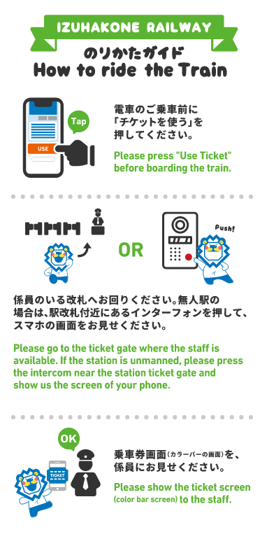電車のご乗車前に「チケットを使う」を押してください。乗務員のいる改札へお回りください。無人駅の場合は、駅改札付近にあるインターフォンを押して、スマホの画面をお見せください。乗車券画面を係員にお見せください。
