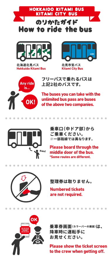 The buses you can take with the unlimited bus pass are buses of the above two companies. Please board through the middle door of the bus.※Some routes are different. Numbered tickets are not required. Please show the ticket screen to the crew when getting off.