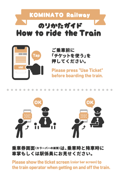 ご乗車前に「チケットを使う」を押してください。 乗車券画面（カラーバーの画面）は、乗車時と降車時に車掌もしくは駅係員にお見せください。